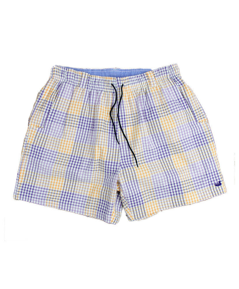 Southern Marsh - Dockside Swim Trunk - Seersucker Gingham - Purple and Yellow