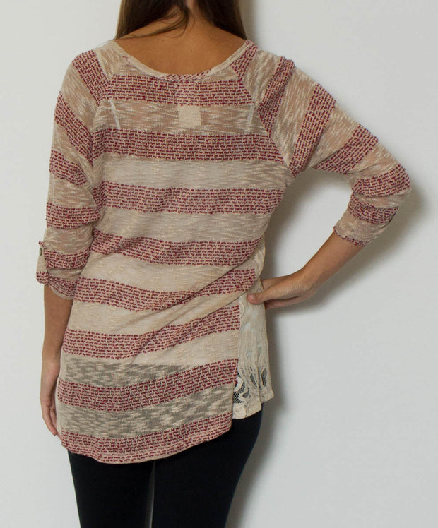 BluPepper - 3/4 Sleeve Striped Knit Top with Lace